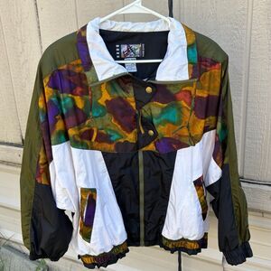 River Edge Sport 90s Windbreaker Jacket 1X Colorblock Black Multicolor Abstract
